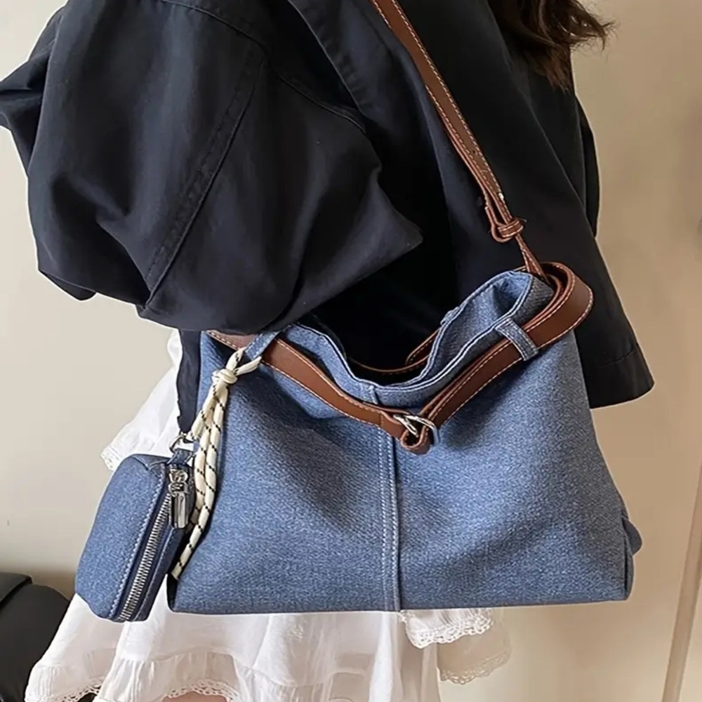 Blue Faux Leather Shoulder Bag with Brown Faux Leather Strap